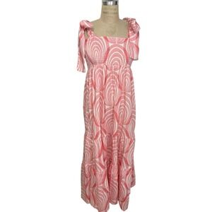 Sheridan French Kelly Maxi Dress XS Pink White Sleeveless Tie Strap Smocked
